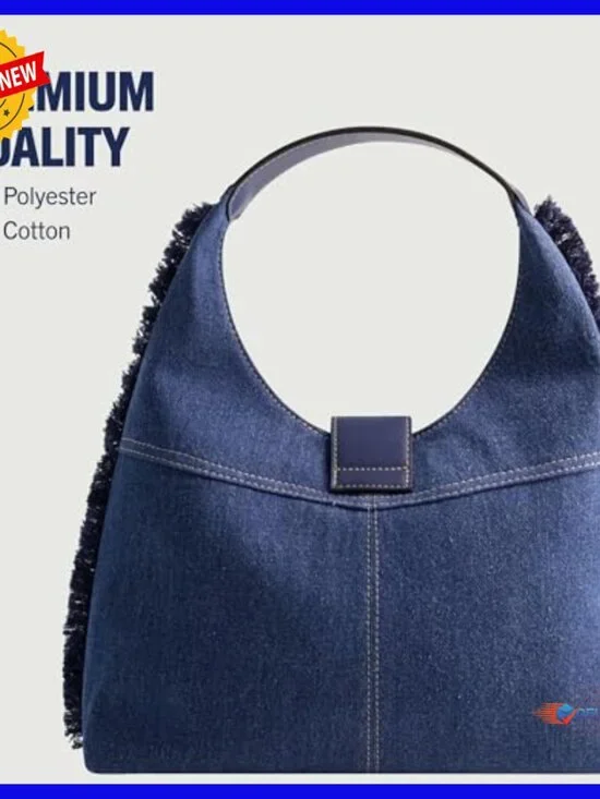 Medium Hobo Shoulder Bag, Frayed Denim with Horseshoe Logo, Lightweight Cotton - Picture 6 of 7